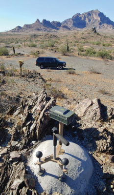 Above is a newly constructed “geometric geodetic control station.” It differers from points of the past in a few ways because we observe them with different equipment. This new “bedrock” station has easy access, but is also off the beaten path for security. It also has a commanding view (read as radio coverage) of the landscape it provides control for.
